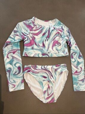 Zella Girls Long-Sleeve Rashguard Set in Aqua, Pink & White Marble